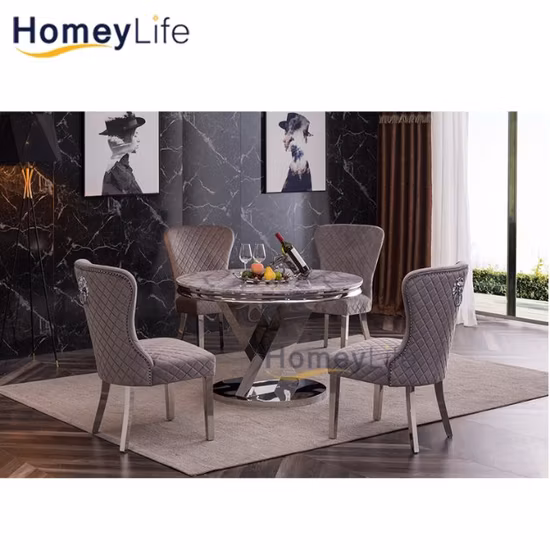 Silla de comedor gris lujosa para eventos de restaurante de metal de terciopelo con juego de muebles de mesa