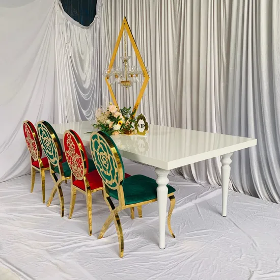 Muebles populares para bodas, cojines de terciopelo rojo, sillas de comedor de acero inoxidable doradas